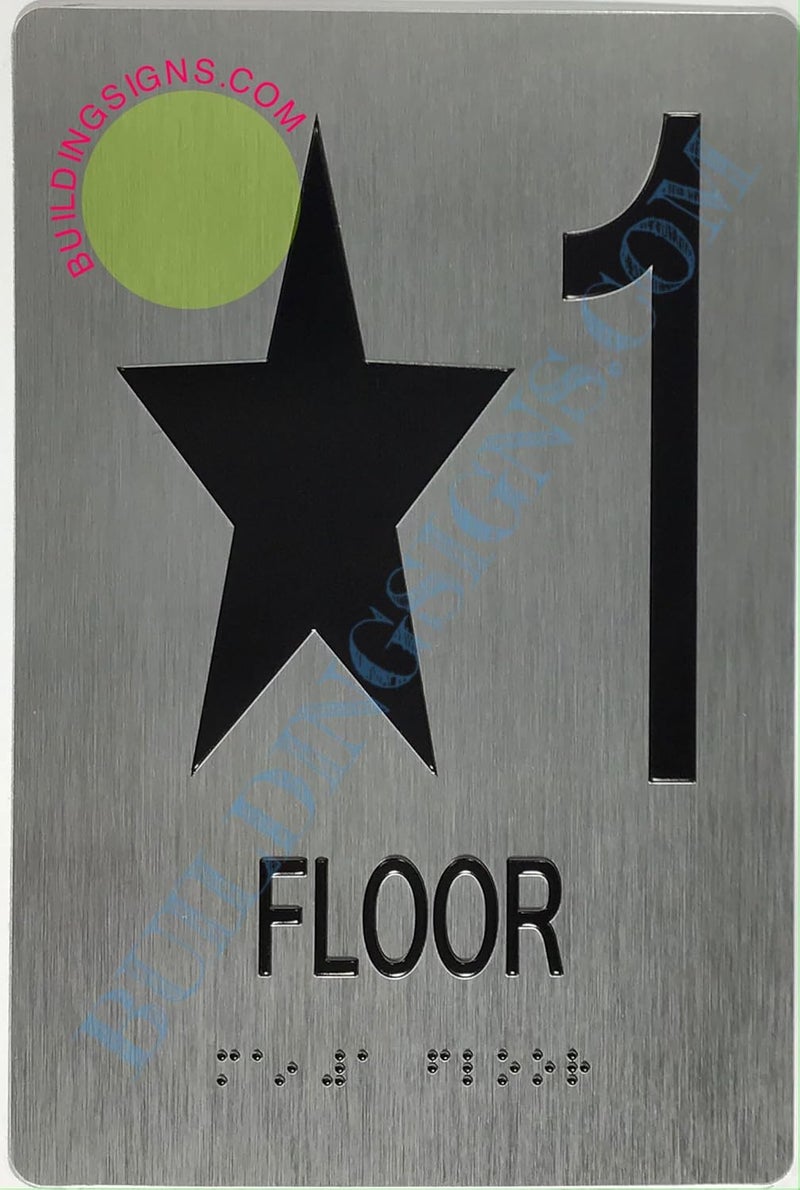BUILDINGSIGNS.COM Floor Number Sign Tactile Graphics Grade 2 Braille Text With Raised Letters Aluminum, Safety Sign For Office, School Hospital,Brush Silver (Star 1 - Exit Floor 1 6X9) (Sensation Line) - Image 2